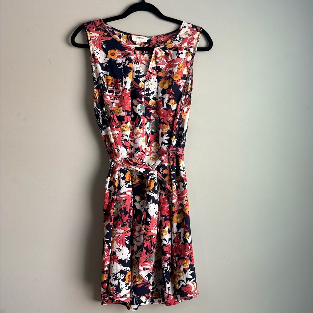 Umgee Floral Sleeveless Dress Medium Boho Tie Waist Navy Pink Mini Dress